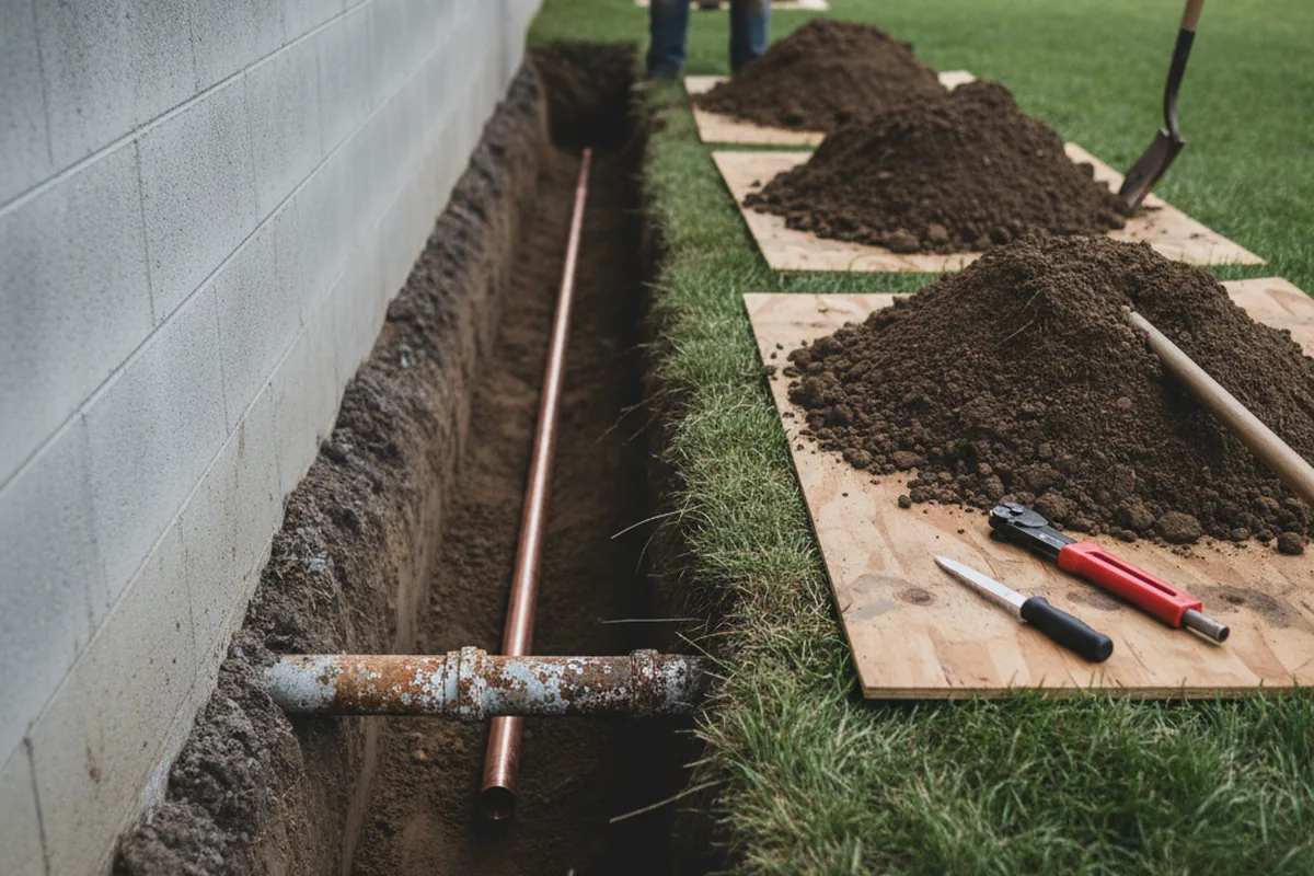 Excavated water line trench during Sewer Line Repair in Butte City